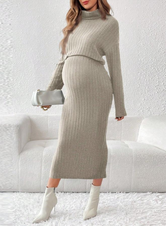 تايك تو طقم مضلع للحوامل بلوزة بياقة مرتفعة وتنورة بخصر مرن قابل للتعديل - Image 3